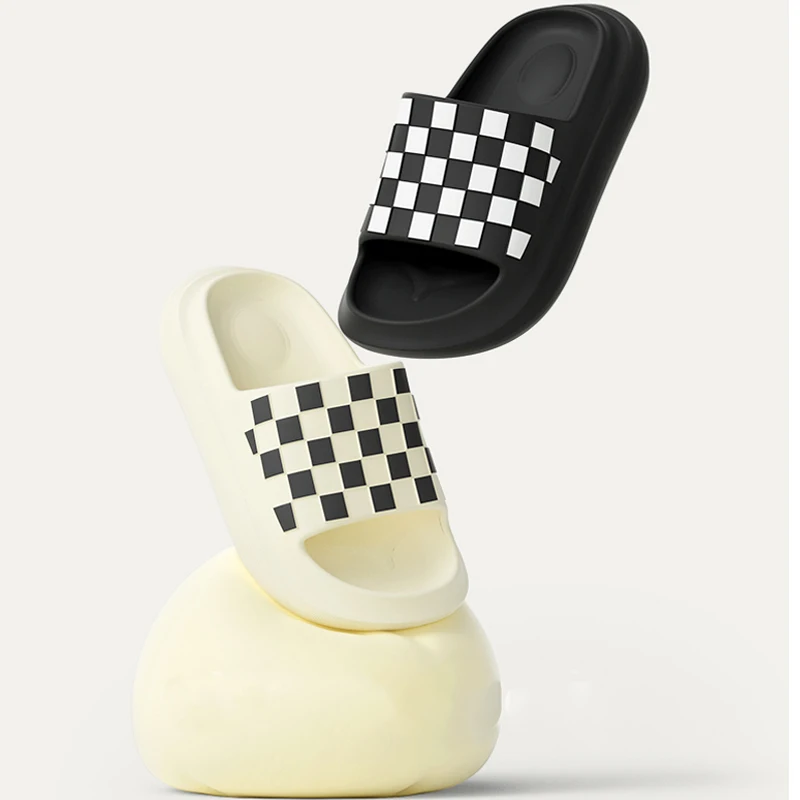 

Outdoor Summer Women Men Thick Platform Slippers Checkerboard Non-Slip Indoor Soft Sandals Neutral Flat Flip flops Ladies Shoes