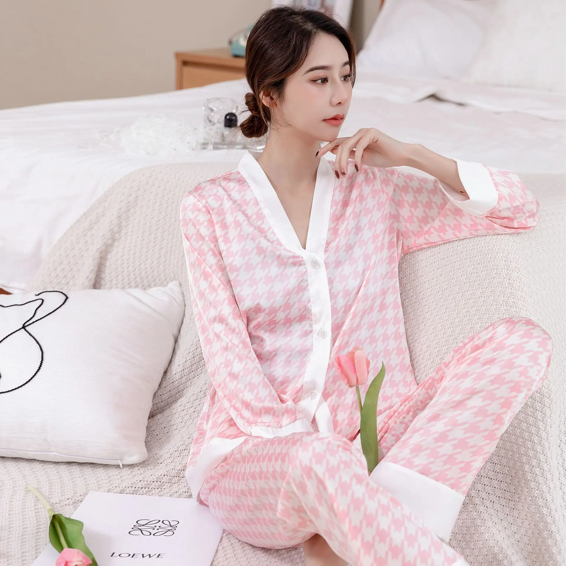 Cardigan Pajamas Women's Long-sleeved Small Fragrance Ice Silk Home Service Japanese Silk Can Be Worn Outside Suit