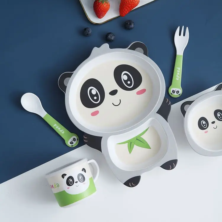 

Bamboo Kids Dinnerware Set,Children Dishes,Food Plate Bowl Cup Spoon Fork Dishware,Cartoon Tableware,Healthy Mealtime,BPA Free