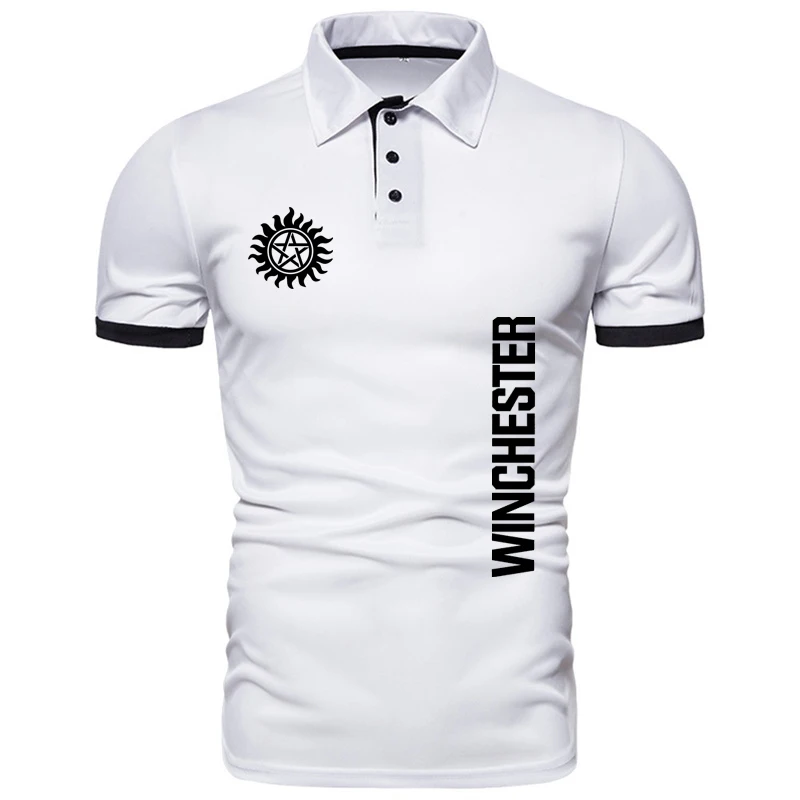 

Футболка мужская с принтом логотипа Winchester, Повседневная рубашка-поло из хлопка и шелка, с коротким рукавом, в стиле хип-хоп, уличная одежда, л...