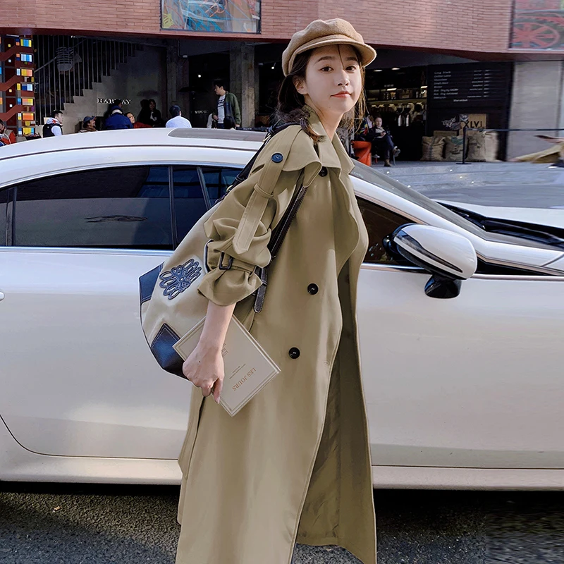 

Женский Пурпурный, бежевый, Модный Новый тренчкот для женщин на весну и осень, длинное двубортное дамское пальто, ветровка, верхняя одежда