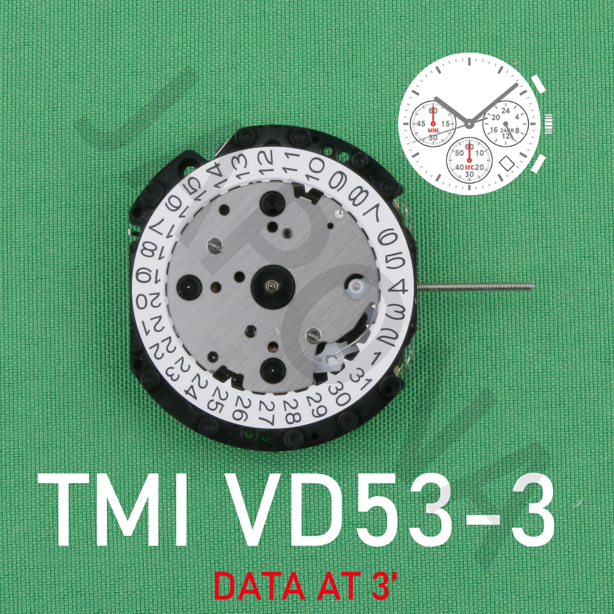 VD53 movement TMI VD53C-3 Quartz Movement Three Hands with 3Eyes ＆Date  Small Chronograph Second＆Minute,24Hour Indicator Hands