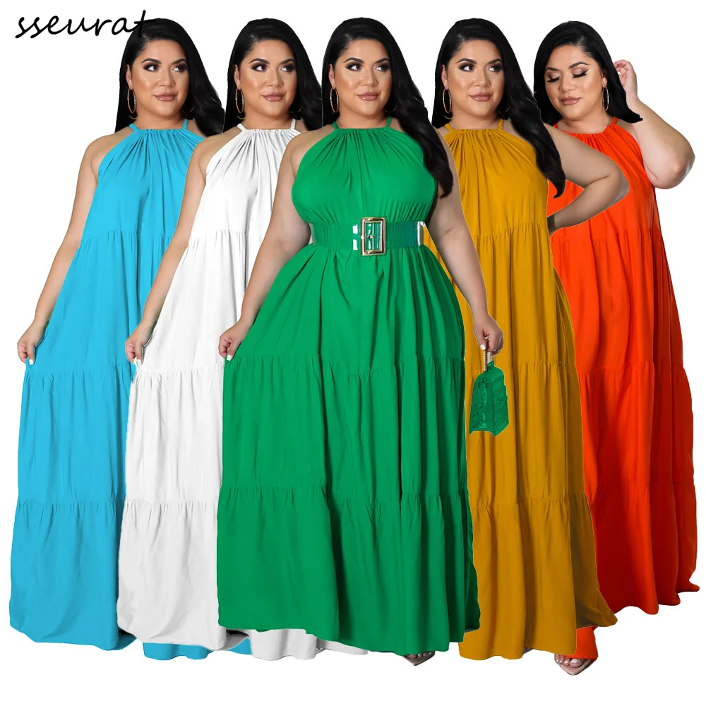 

SSEURAT Plus Size Dresses for Women 2022 Beach Solid Color O Neck Ruffled Sleeveless Large Hem A Line Long Dress