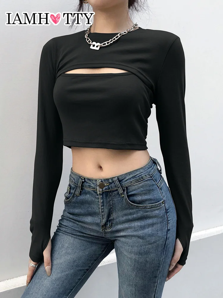 

Футболка женская Базовая однотонная с вырезами на груди, пикантный Топ с длинным рукавом для фитнеса, кроп-топ в Корейском стиле, 2 предмета