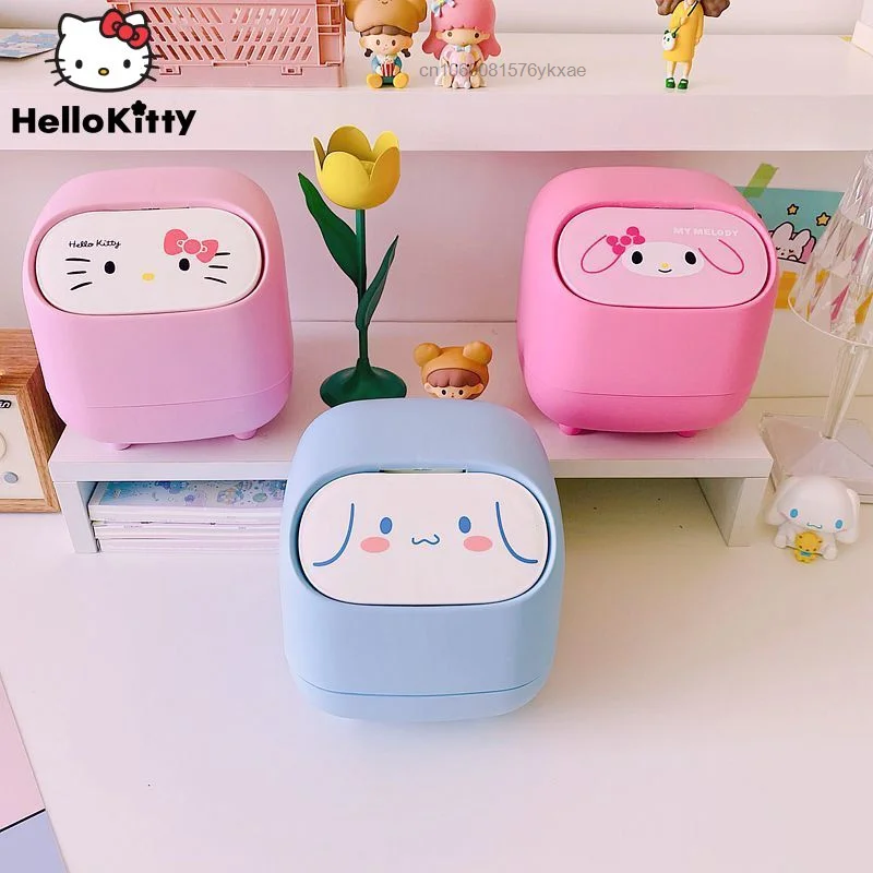 Sanrio-cubo de basura de Hello Kitty con dibujos animados, Mini cubo de basura con tapa, prensa My Melody, Cinnamoroll Kawaii, para el hogar, Y2k