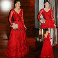 elegant v neck lace applique red prom dress belt long sleeves beads sequins floor length lace evening dress celebrity gowns