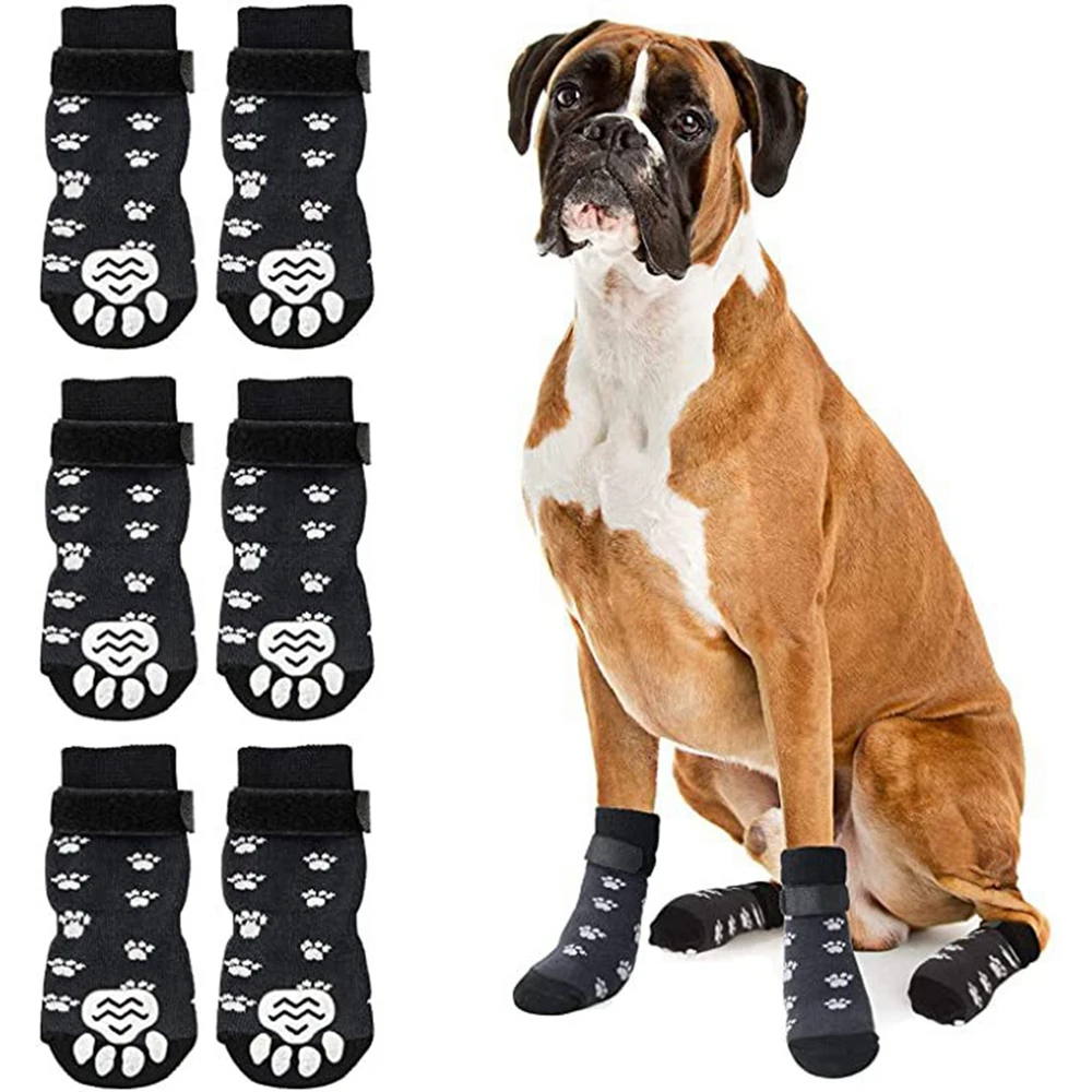 

4pcs Anti-Slip Pet Dog Cat Socks Dog Paw Protector Traction Control for Indoor Wear Knitted Dog Socks with Rubber Reinforcement
