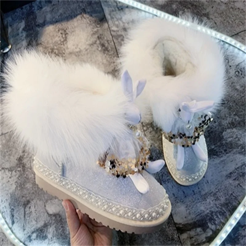

Fox fur one handmade design pearl rhinestones cute pearl white rabbit plus velvet snow boots women's cotton shoes 35-40