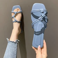 2022 summer new flat slippers for women pure hand braided rope light blue large size slippers for women sandals for women