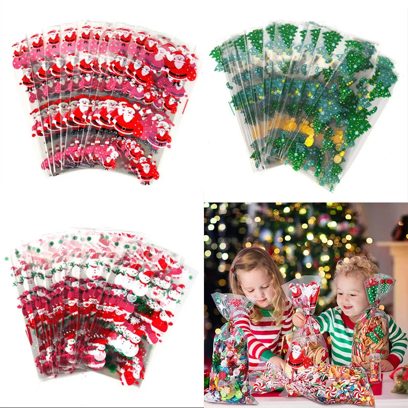 

100pcs Merry Christmas Plastic Candy Bag Gift Pouch Snowflake Snowman Santa Xmas Tree Christmas Decoration 2022 New Year Favor