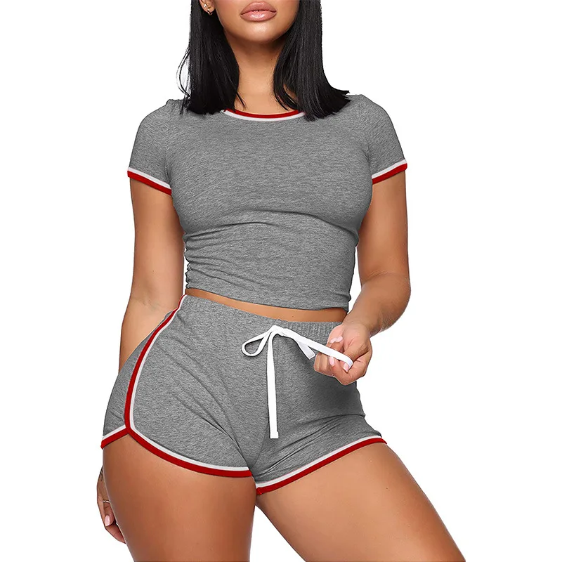 2pcs Loungewear Women Pajamas Outer Sportswear Home Clothes  Solid Stitching Short-sleeved Casual Lace-up Shorts Female