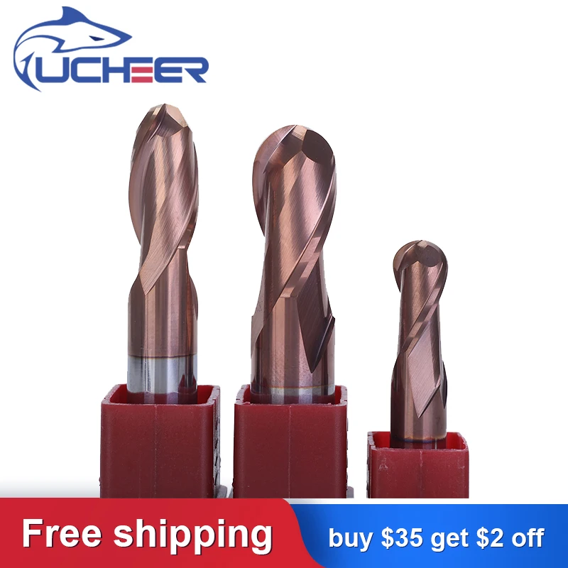 

UCHEER 1pc HRC50 2 Blade Ball Nose End Mill 8/10/12/16/20mm Tungsten Steel Cutter CNC Tool Alloy Coating