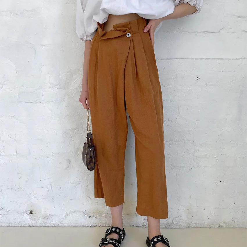 

2022 summer pants for women Cotton Linen Ankle-Length Pants Wide Leg Pants Casual pants solid streetwear pant for women