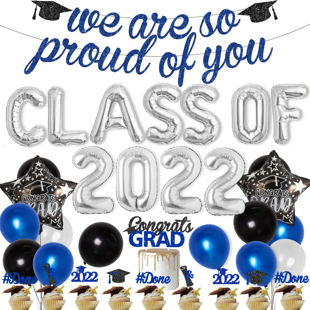 

CHEEREVEAL Blue Sliver Balloon Set We Are So Proud of You Banner Congrats Grad Cake Toppers 2022 Graduation Party Decorations