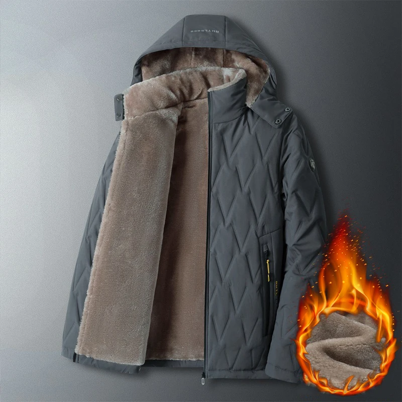 New Men's Winter Black Warm Cotton Coat Fashion Plush Thickened Hooded Jacket Business Casual Loose Zipper Coat Cold Proof