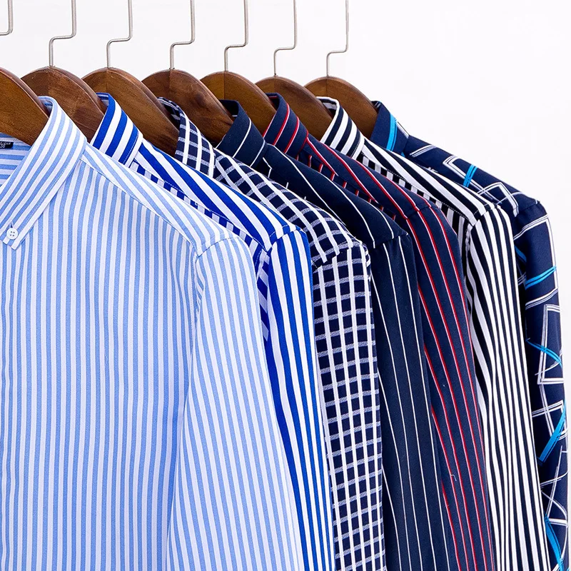 Spring and Autumn Fashion Long Sleeve Shirt Youth Men's Business Casual Loose Stripe Plaid Square Neck Shirt