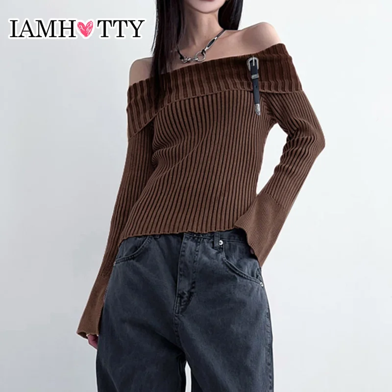 

IAMHOTTY Korean Style Belt Slash Neck Sweater Pullovers Women Chic Elegant Slim-fit Asymmetrical Jumper Casual Basic Knitted Top