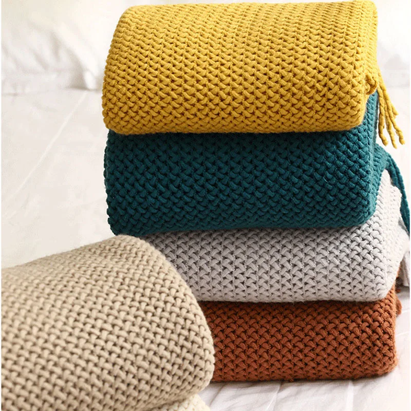 

Nordic Knitted Blanket Soft Chunky Throw Blankets for Bed Sofa Bedspread Plaid on the Sofa Bed Cover Thread Blanket with Tassel