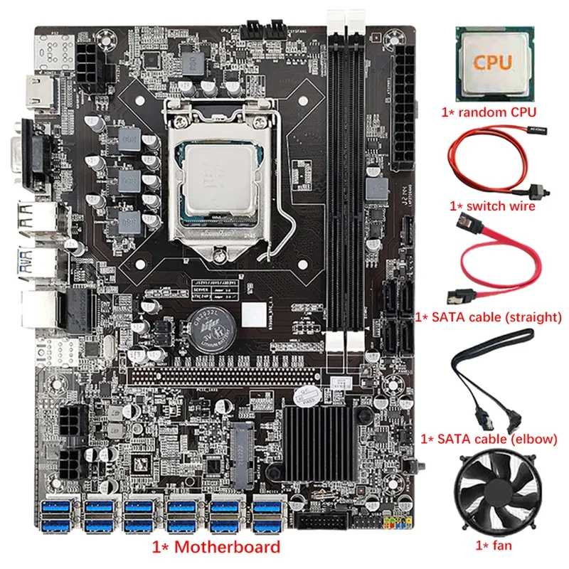 

B75 12 Card BTC Mining Motherboard CPU+Thermal Paste+Switch Cable+2X SATA Cable 12 USB3.0 Slot LGA1155 DDR3 RAM SATA3.0