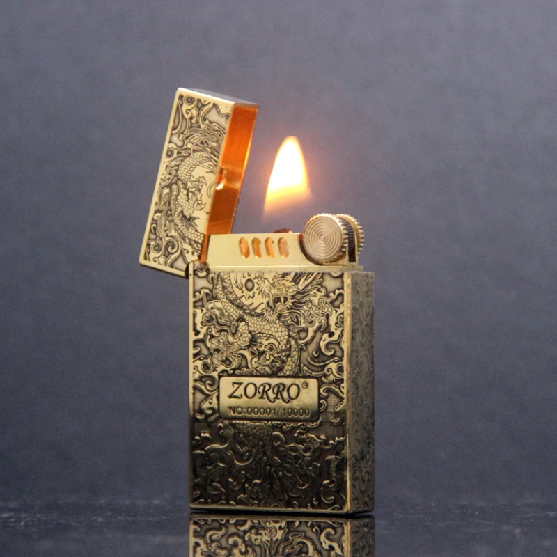 

ZORRO Retro Loud Voice Brass Personality Windproof Lighter Five Sided Carved Tang Grass Kerosene Lighter Smoking Accessories