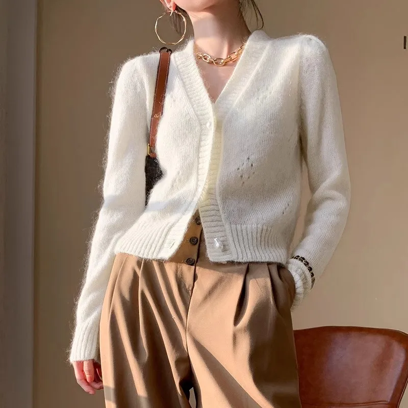 Новинка Осень-зима 2023 вязаный мягкий теплый винтажный кардиган Morhair с жемчугом