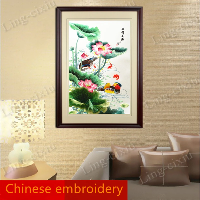 

Mural Suzhou embroidery, mandarin ducks playing in water lotus living room bedroom interior decoration painting high-end gift pa