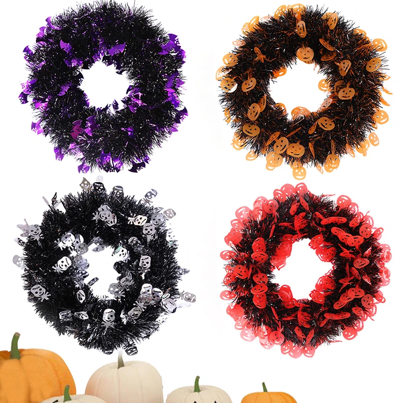 

27x27cm Round Wreath Halloween Party Decorations Foil Tinsel Purple Orange Red Silver Skull Wreath Haunted House Halloween Decor