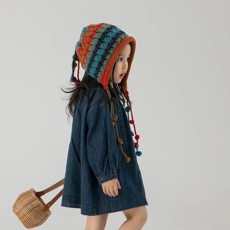 Винтажная детская шапка с цветочным узором осенне-зимняя ажурная шапочка