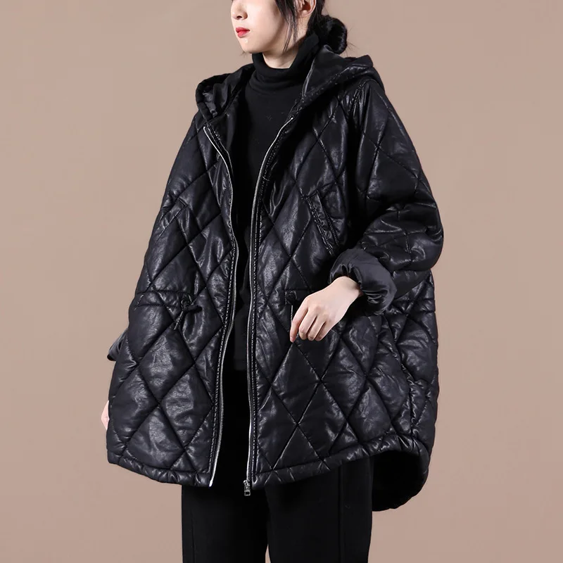 Winter clothes 2022 new women's Korean  loose large size waist drawstring hooded thickened cotton leather PU jacket