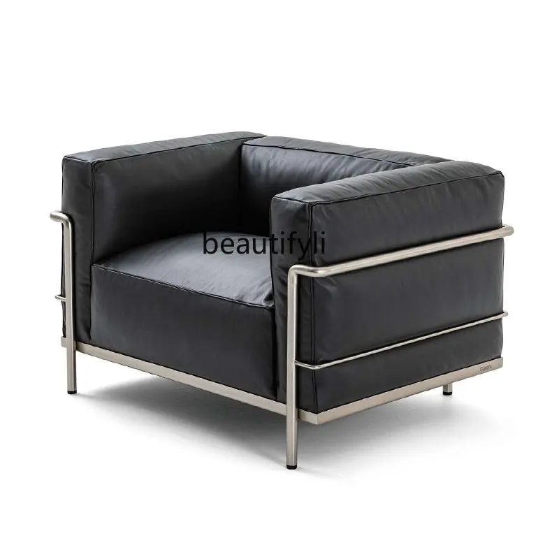 

zq Genuine Leather down Single-Seat Sofa Chair Classic Living Room and Hotel Stainless Steel Sofa