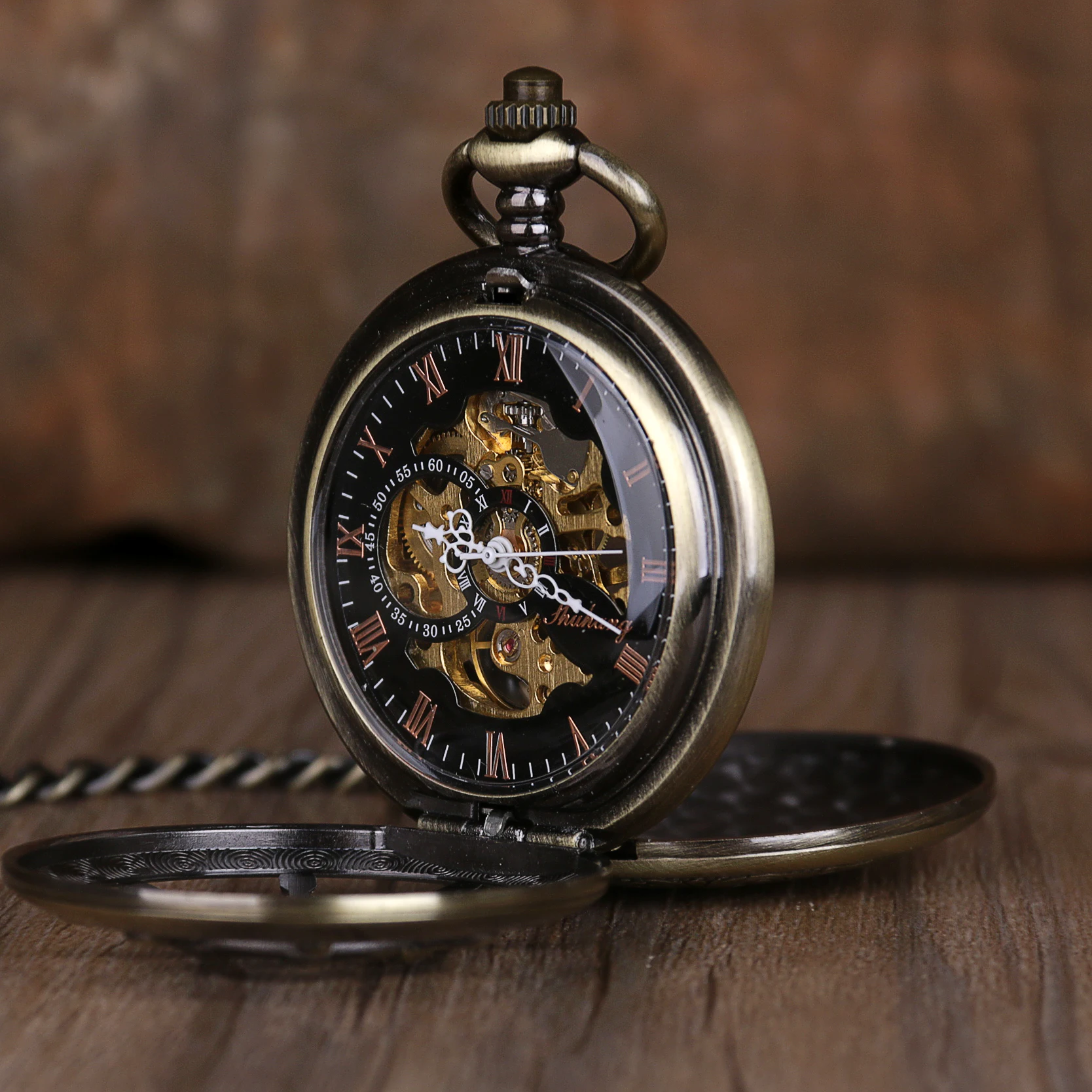 Double Opening Rudder Design Vintage Mechanical Pocket Watch Roman Numeral Display With Chain Pendant Men's Women's Gift