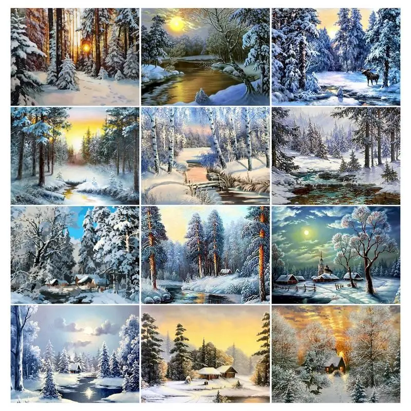 

Картина по номерам, снежный пейзаж, рисунок на холсте, ручная роспись, DIY зимняя картинка, рождественский подарок