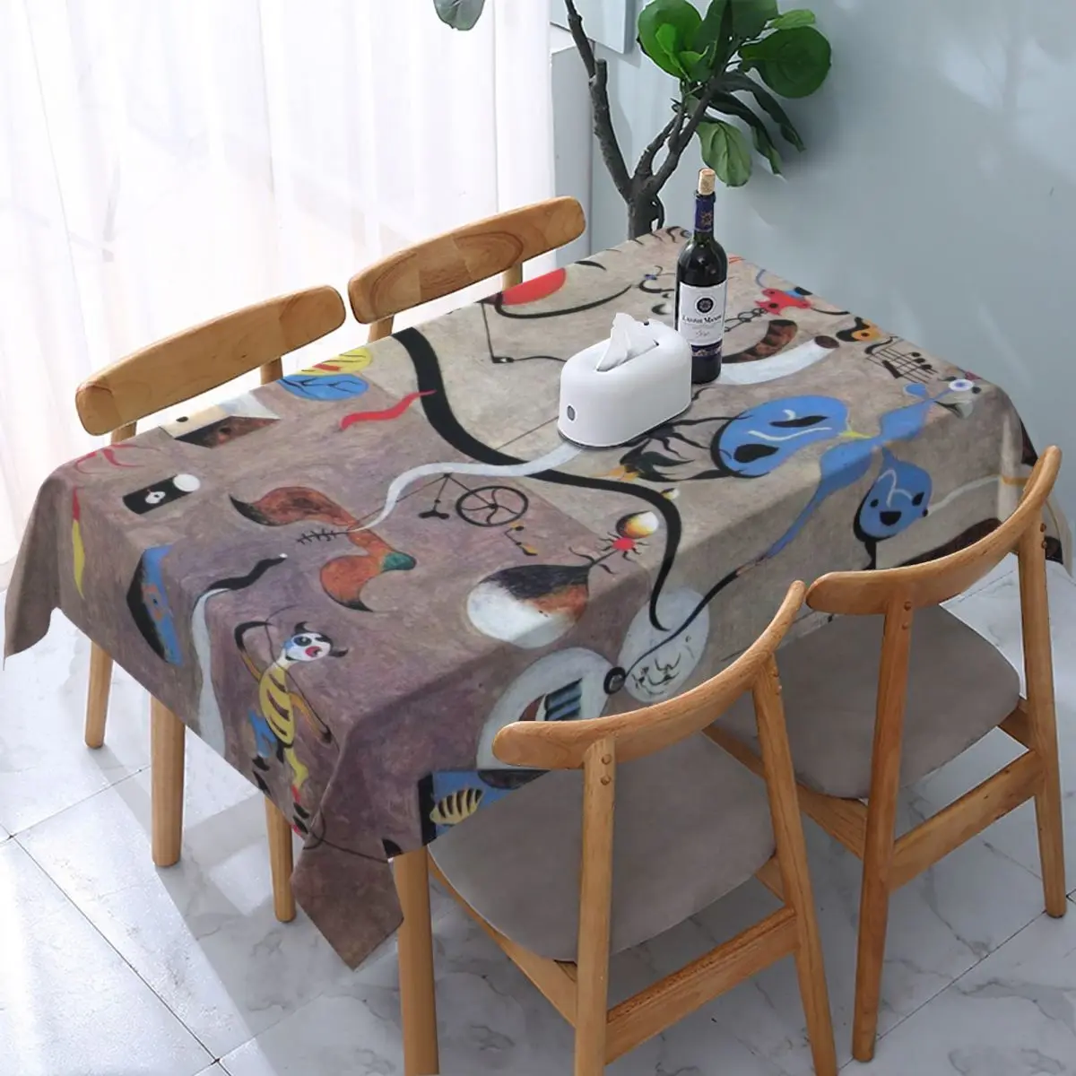 

Rectangular Fitted Joan Miro Abstract Art Table Cloth Oilproof Tablecloth 40"-44" Table Cover Backed with Elastic Edge