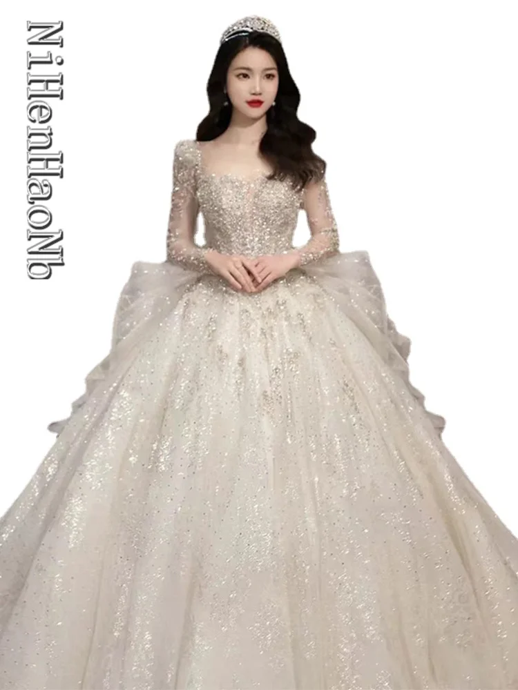

2023 Long Sleeve Wedding Dress Sexy Square Collar Luxury Sweep Tain Winter Bridal Gowns Vestido De Noiva