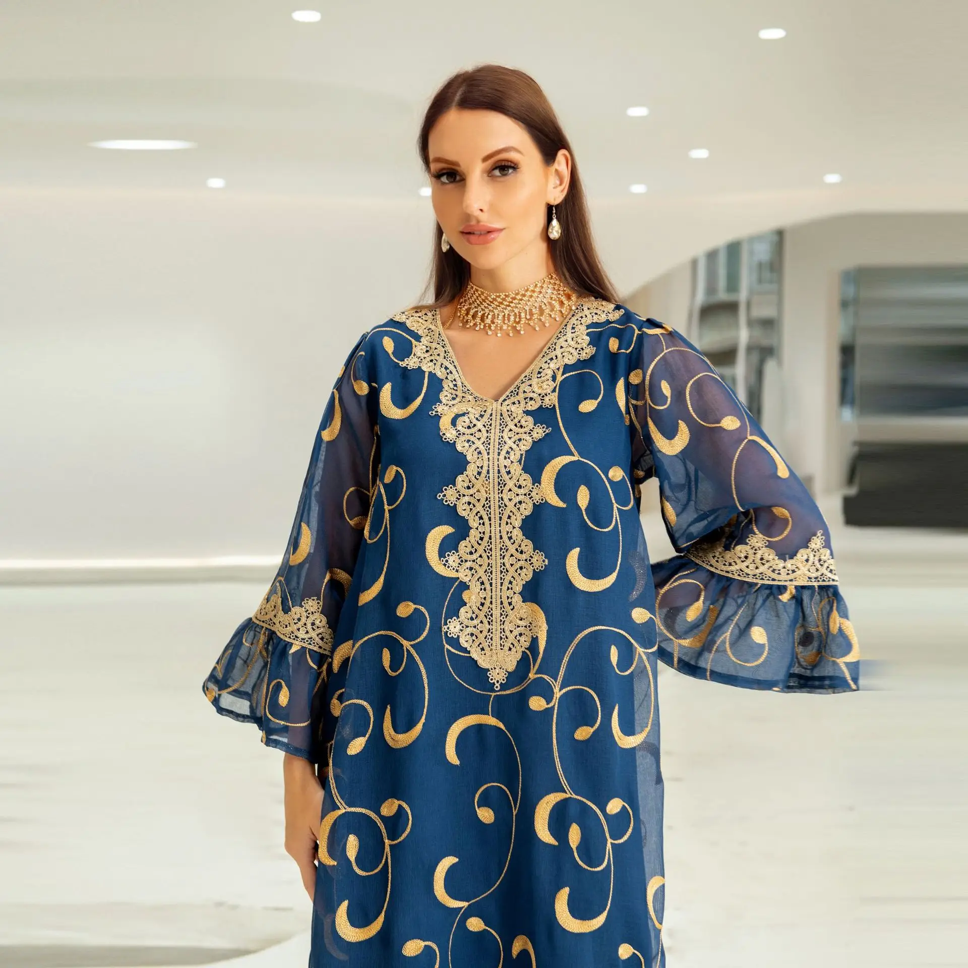 Abaya Dress for Women Mesh Sequin Embroidered Dubai Turkey Arab Oman Robe Loose  muslim dress women turkish
