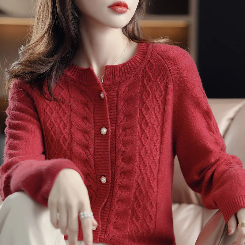 Осень-зима новый женский свитер 100% кашемир Merino кардиган с круглым вырезом модная