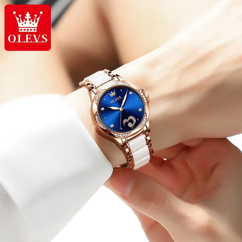 OLEVS Fashionable Casual Watch Simple Musical Note Dial Rose Gold Case Womens Mechanical Watches Leather Diamond Case Waterproof enlarge
