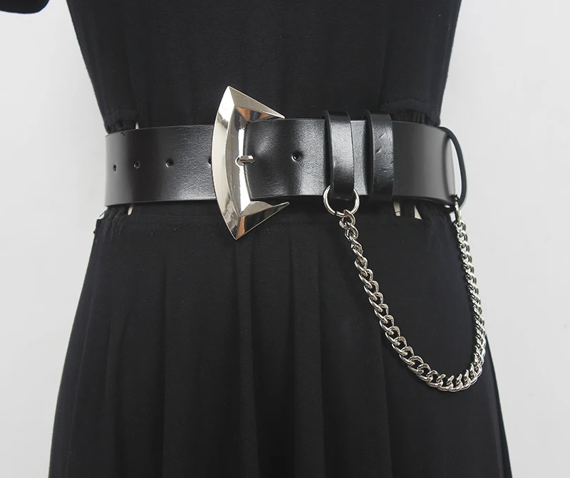 Irregular Women WIde Cowskin Belt with Chain European Casual Jeans Strap Belt Genuine Leather Waistband Metal Chain Belt Cinture