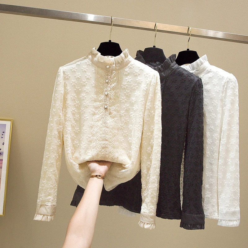 Plus Size White Lace Bottoming Shirt Women Autumn and Winter Fleece-lined Warm Mesh Embroidered Long sleeve Stand Collar West...