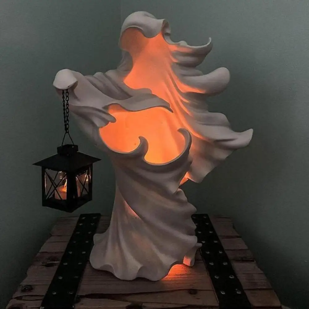 

Halloween Witch Statue Resin Ghost Sculpture Witch Holding Lantern Hell Messenger Scary Crafts Halloween Light Art Home Decor