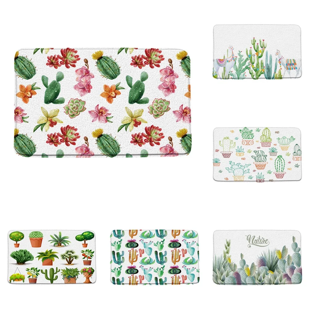 

Green Cactus Bath Rugs Succulents Plant Floral Flowers Potted Alpaca Non Slip Bathroom Mats Kitchen Indoor Floor Carpet Doormat
