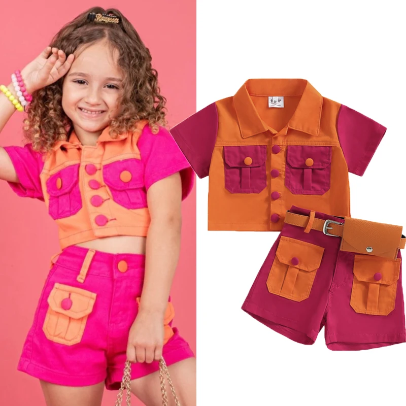

2023-04-11 Lioraitiin 0-6Years Toddler Girl 2Pcs Summer Outfits Short Sleeve Contrast Color Shirt Belted Shorts Set