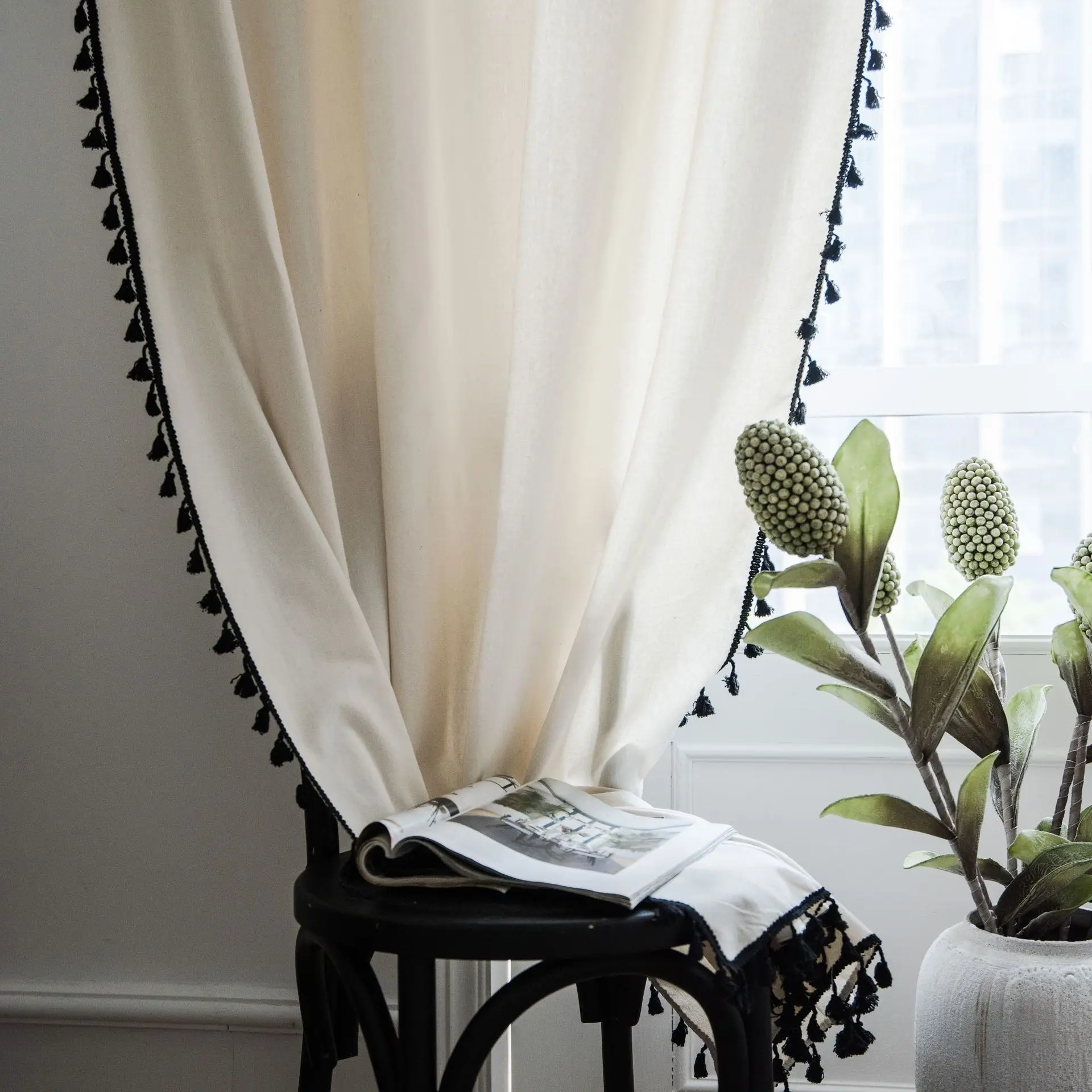 

Solid Color Tassel Curtains Semi Blackout Cotton Blend Farmhouse Boho Style Window Drap Semi-Sheer Curtains Living Room Bedroom