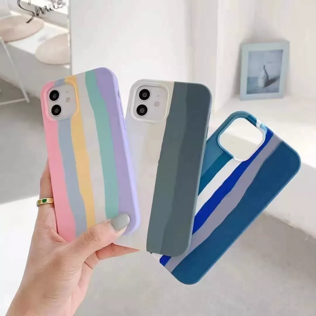 

newOriginal Quality Rainbow Stripe Gradient Color Soft Liquid Silicone Case For iPhone 13 12 11 Pro Max XR XS Max 8 7 Plus Cover