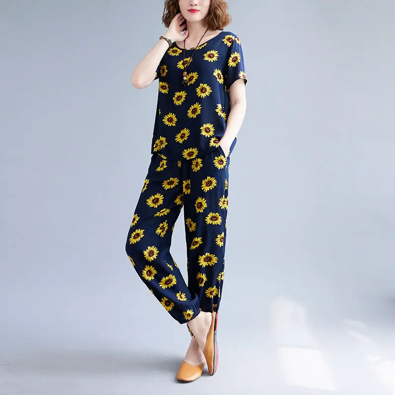 

2022 Women Summer New Two Piece Sets Female High Waist Harem Pants + Loose Casual Print Tops Ladies Pajamas Sleepwear Suits W68