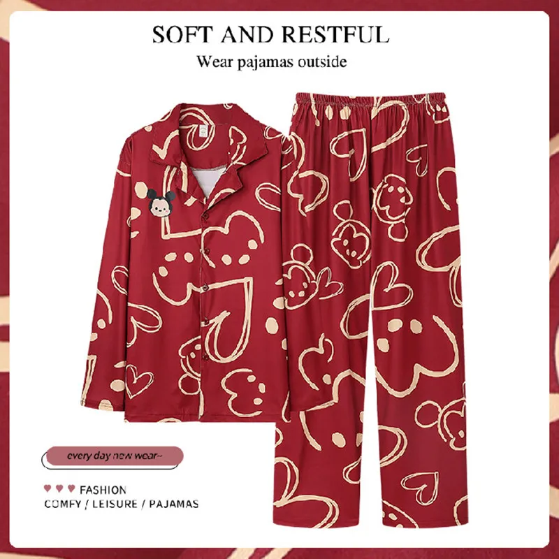 Autumn Winter Couple Pajamas Set China Red Marry Matching Pijama Long Sleeves Homesuit Lovers Roomwear Cartoon Costume 2pcs Set