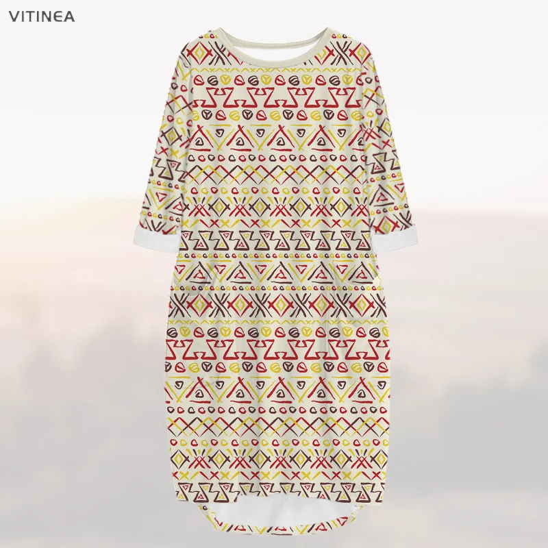 

vitinea New Fashion 3D Print Long Premium aboriginal Pocket Loose Casual Robe Summer Dress Traf For Women