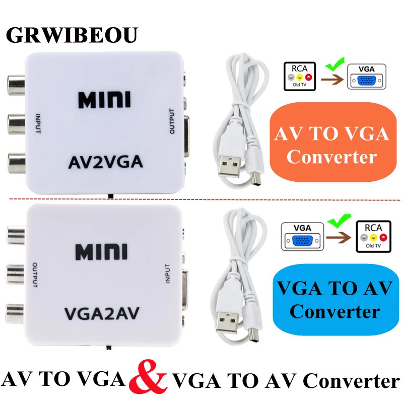Мини-преобразователь RCA в VGA AV2VGA VGA2AV, преобразователь RCA в VGA, видеопреобразователь для ПК в телевизор, HD, компьютер на телевизор, преобразователь VGA в AV