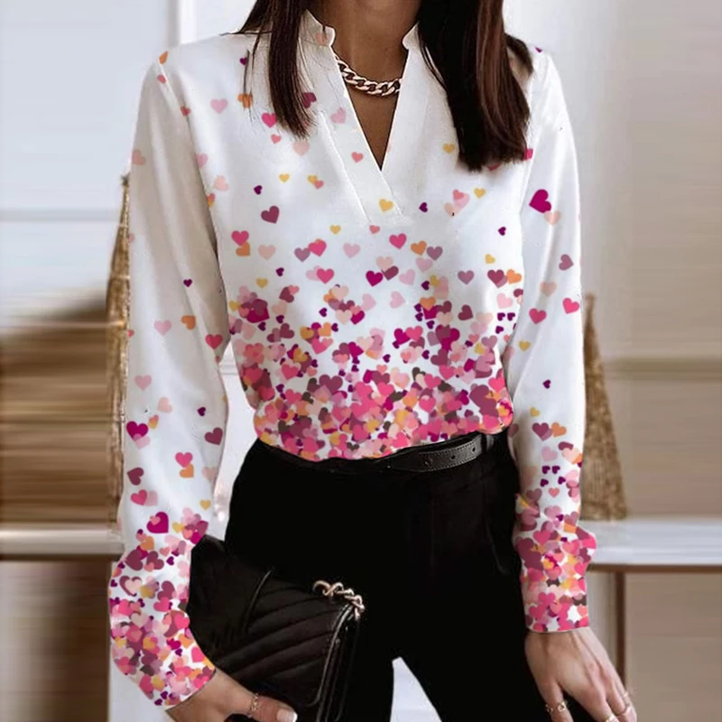 

Lovely Pink Heart Print Blouse Shirts Women Spring Elegant V-neck Top Pullover Autumn Long Sleeve Loose Office Lady Blouse Mujer