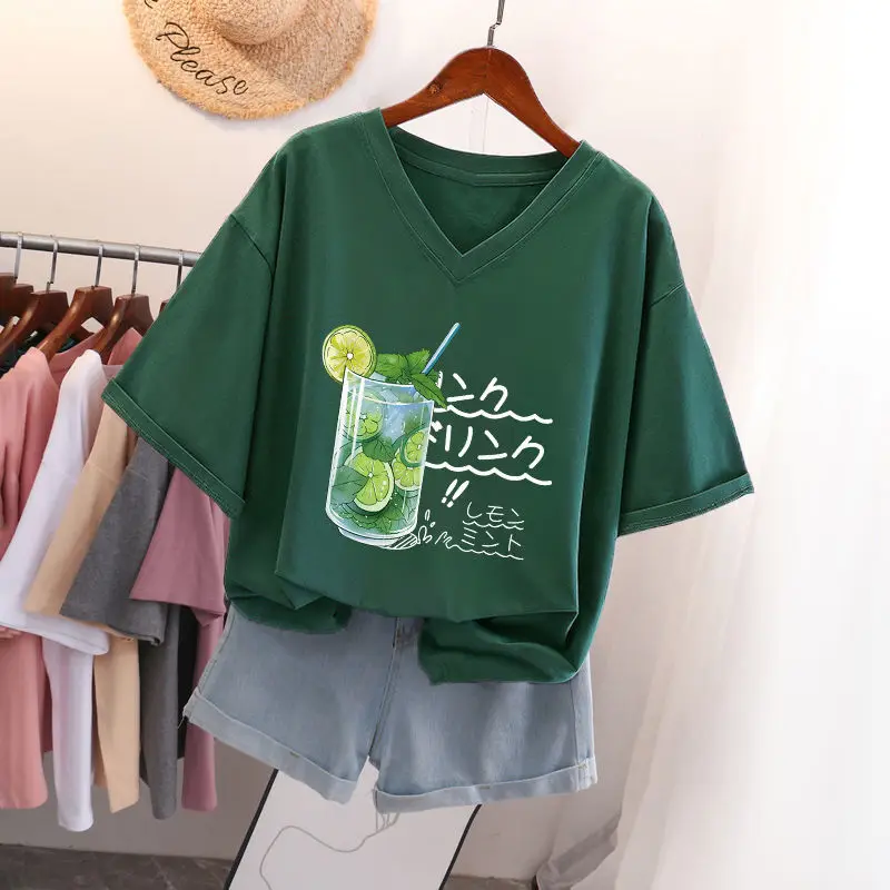 

DAYIFUN Plus Size T-shirt 100% Cotton V-neck Short-sleeve Fashion Women Blouses 2022 Summer Loose Oversized Top Free Shipping